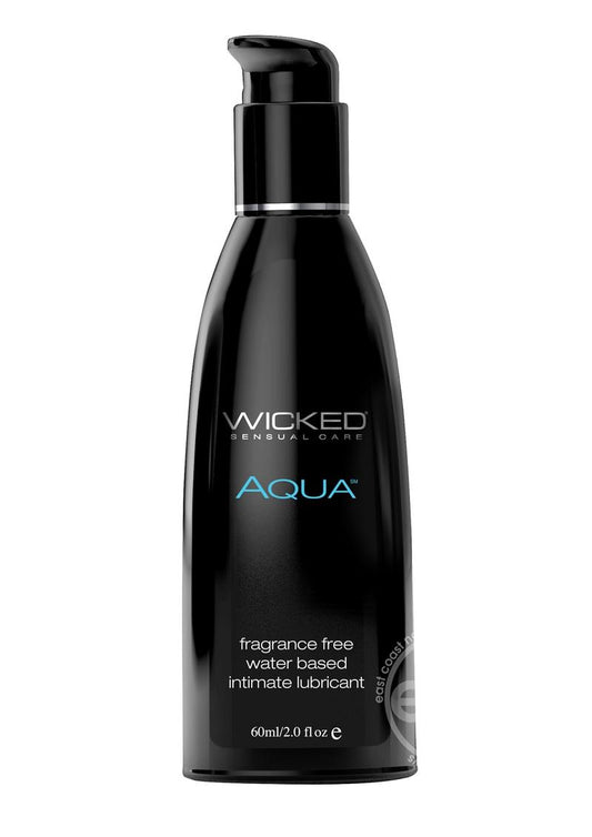 Wicked Aqua Water Based Lubricant in a 2oz bottle, fragrance-free with a silky, long-lasting formula enriched with olive leaf extract for enhanced safety and pleasure.