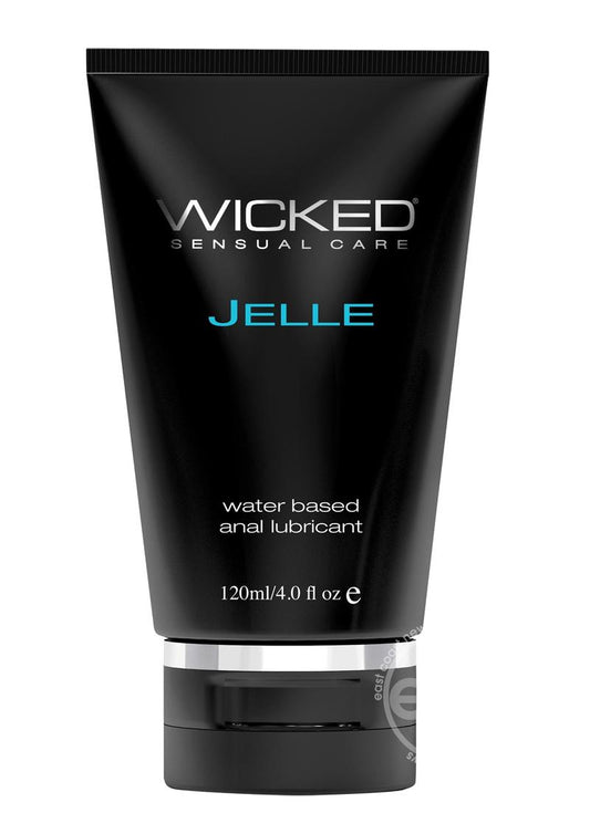 Wicked Jelle 4oz, a thick water-based anal lubricant in a convenient tube, designed for enhanced comfort and durability with a paraben-free formula.