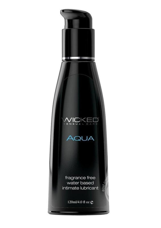 Four-ounce bottle of Wicked Aqua Water Based Lubricant, fragrance-free for sensitive users, featuring a silky formula with olive leaf extract for extra protection.