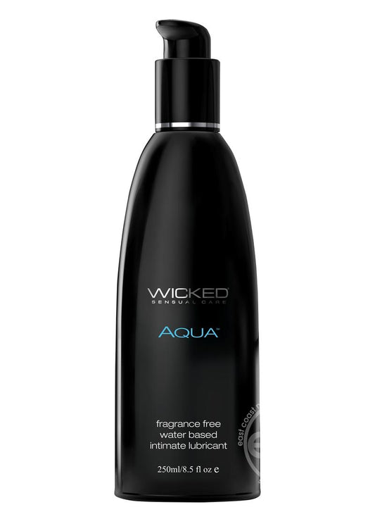 Large 8.5-ounce bottle of Wicked Aqua Water Based Lubricant, fragrance-free with a silky smooth, long-lasting formula, enhanced with olive leaf extract for added safety and hygiene.