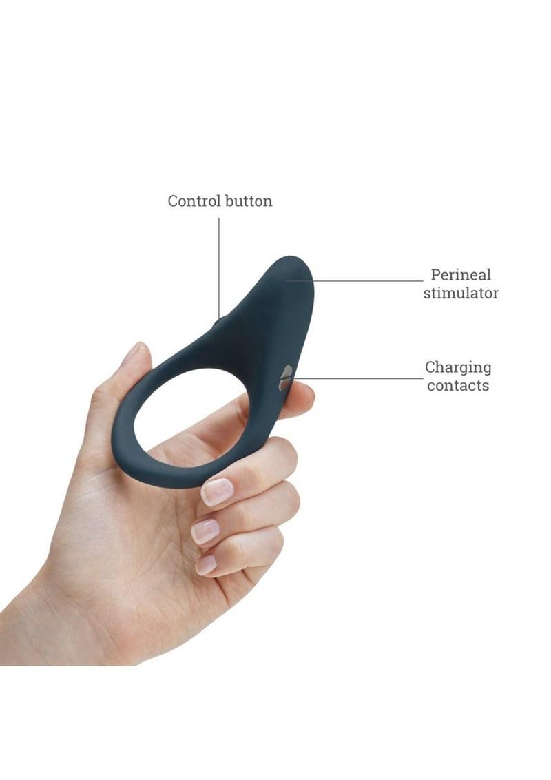 We-Vibe Verge, a sleek and ergonomic vibrating penis ring in charcoal, designed for enhanced pleasure and stamina, with app-controlled settings.
