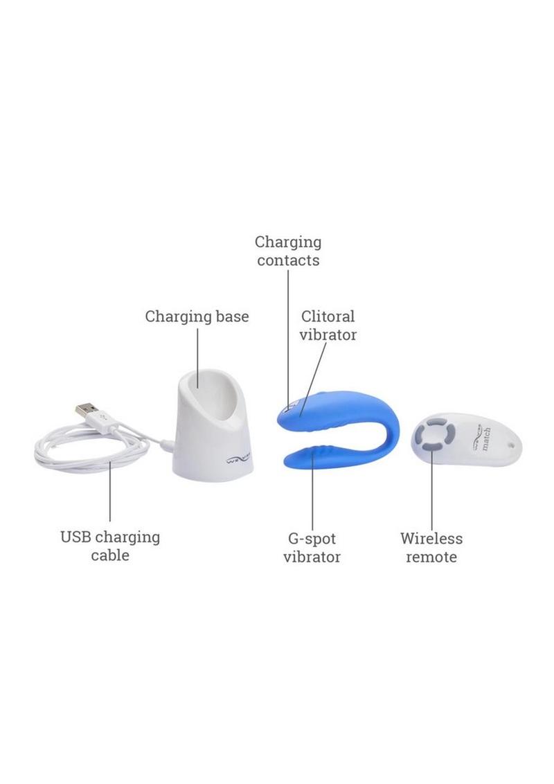 Blue, flexible C-shaped We-Vibe Match couple's vibrator with dual ends for simultaneous internal and external stimulation.