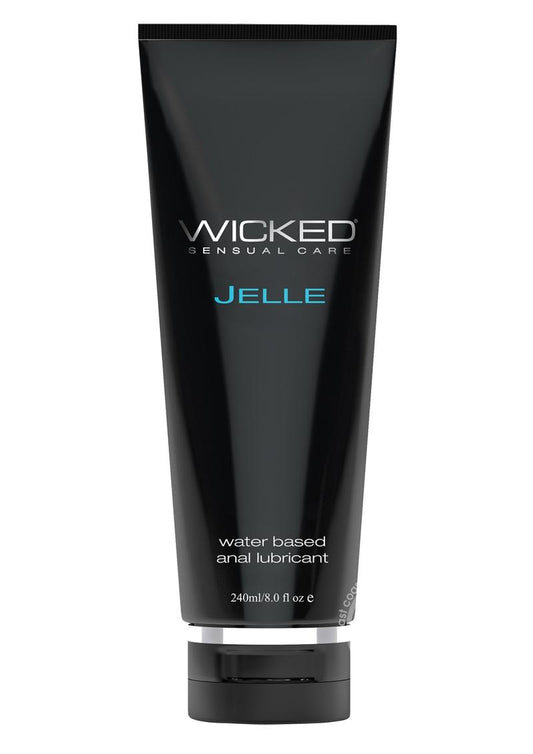 Generous 8oz bottle of Wicked Jelle, a specially formulated water-based anal lubricant with a thick, cushioning gel texture, paraben-free and ideal for sensitive skin.