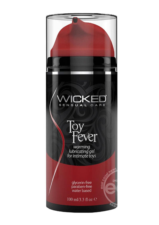 Wicked Toy Fever Warming Water Based Gel Lubricant 3.3oz, a thick gel that adds a warming sensation to toy play, enhancing pleasure safely and effectively, paraben-free.