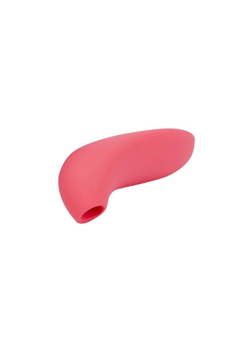 A sleek and sophisticated We-Vibe Melt pleasure device, featuring a slim, curved design in a soft pink color. Highlighted features include its compact size, whisper-quiet operation, and 12 intensity levels, with waterproof and USB rechargeable capabilities.