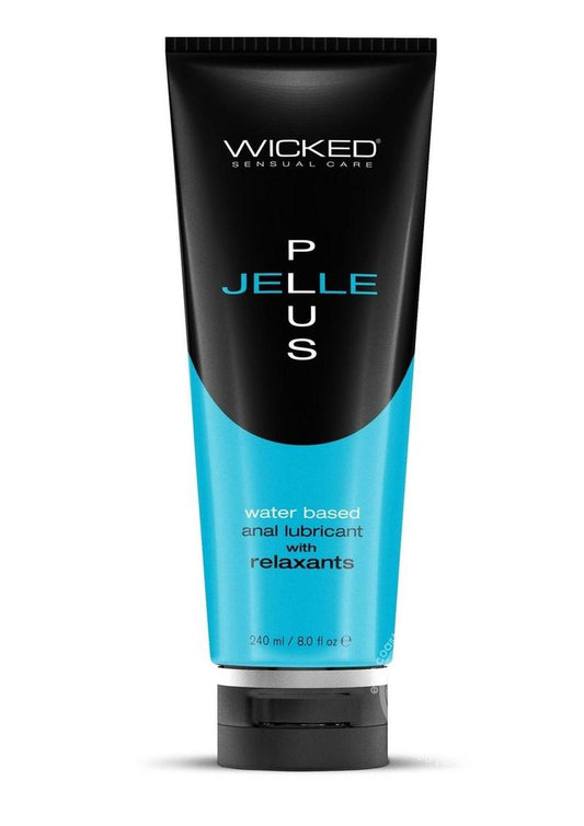 Large 8oz bottle of Wicked Jelle Plus, a water-based anal lubricant with relaxants, offering thick, cushioning gel consistency for enhanced anal comfort, suitable for sensitive skin.