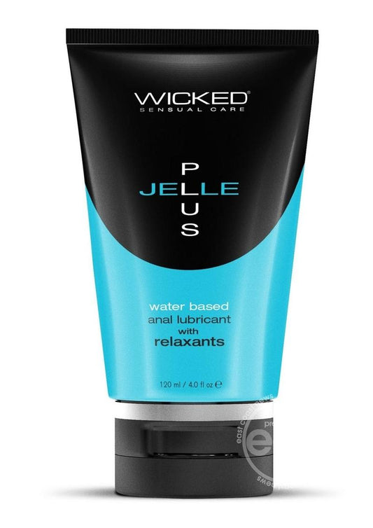 Wicked Jelle Plus 4oz, a water-based anal lubricant with relaxants, featuring a thick gel consistency for comfort and ease in anal play, suitable for sensitive skin.