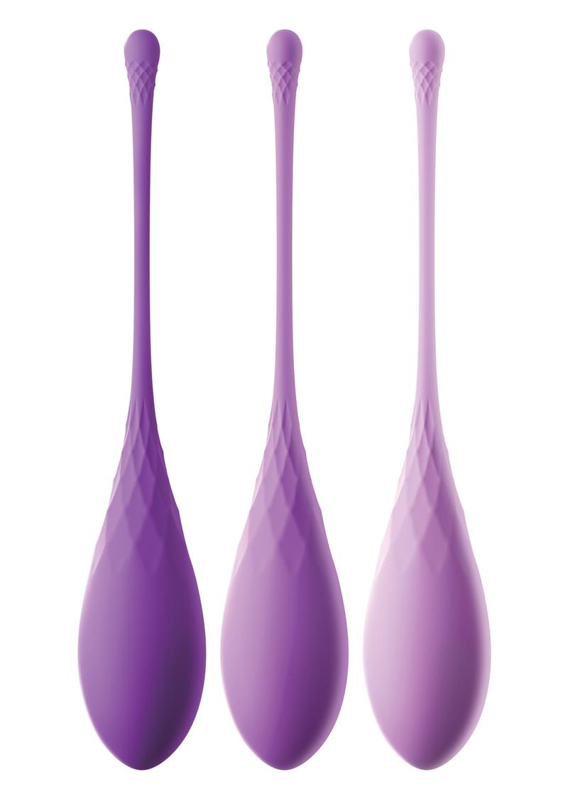 "Improve pelvic muscles with the Kegel Train-Her Set by Fantasy for Her. Made with grade A silicone, this set includes 3 weights for varying training styles. Perfect for beginners and advanced users, with progress tracking through color differentiation. Crafted to fit your body and made with Ultra-Hygienic Elite Silicone that warms to your body temperature. 