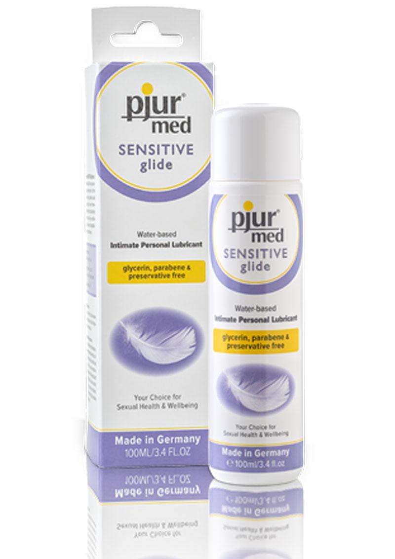 Pjur med Sensitive Glide, a water-based lubricant formulated for sensitive mucous membranes. No glycerin, parabens or preservatives, making it hypoallergenic and body-safe. Dermatologically confirmed. Apply to intimate areas for additional moisture and lubrication. Easy to clean up and gentle on the skin.