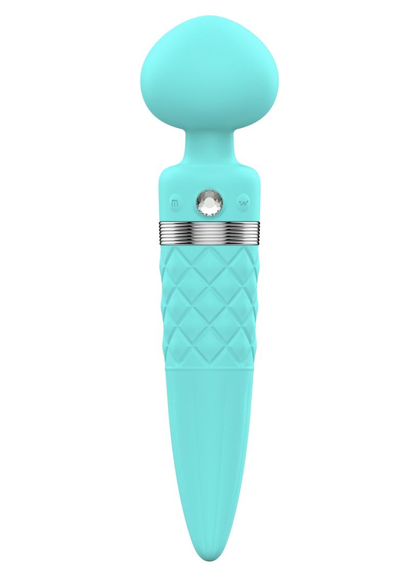 Sultry by Pillow Talk is a dual-ended wand with a smooth rounded head, tapered insertable handle, and Swarovski crystal button. It has 2 independent motors, a warming shaft, and 360-degree rotation for G-spot stimulation. Rechargeable and waterproof with a flexible neck