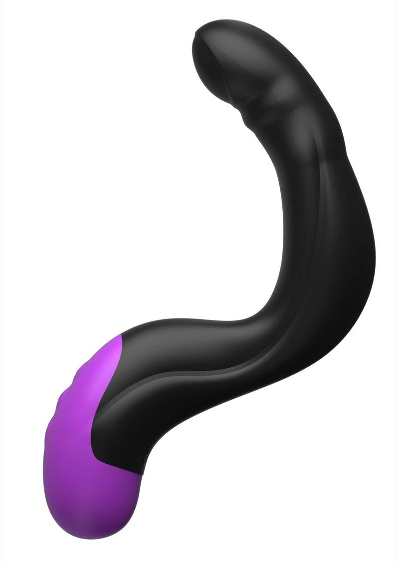A black silicone anal toy with three buttons. The toy has a curved shape for prostate or G-spot stimulation and is rechargeable and waterproof. The remote control makes it easy for anyone with arthritis or grip issues to use. The toy comes with a warranty from the manufacturer and can be used for both clitoral and backdoor stimulation.